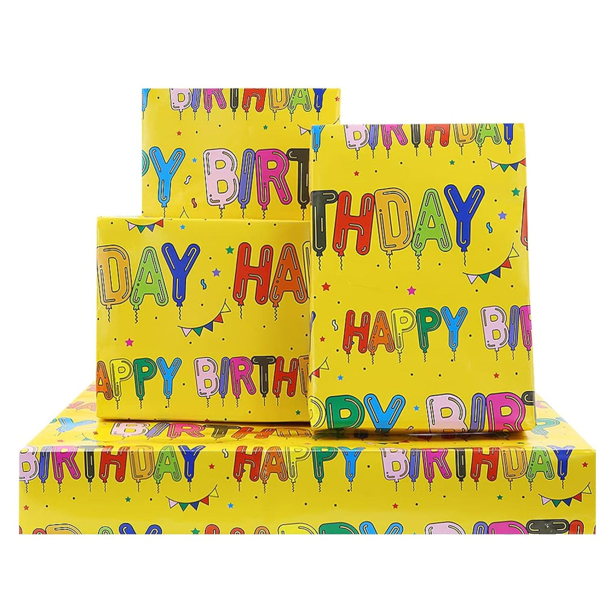 Yellow Happy Birthday Wrapping Paper Set Of 6 Sheets Folded Flat 20X28 Inches Per Sheet For Kids Girls Boys Men Women, Bright Color Happy Birthday Letter Like Balloons With Stars And Flags For All Birthday Occassions