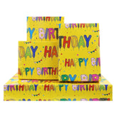 Yellow Happy Birthday Wrapping Paper Set Of 6 Sheets Folded Flat 20X28 Inches Per Sheet For Kids Girls Boys Men Women, Bright Color Happy Birthday Letter Like Balloons With Stars And Flags For All Birthday Occassions