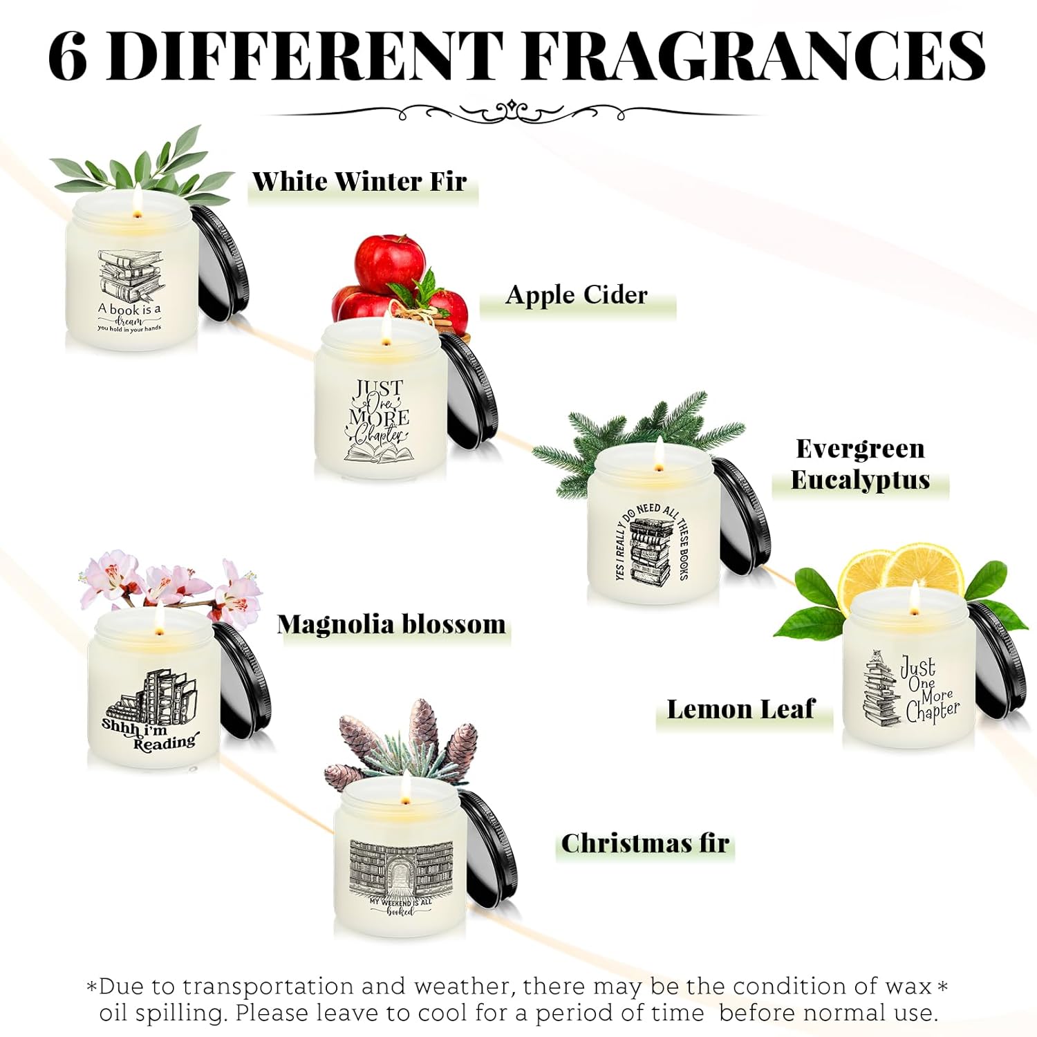 6 Pcs Book Lover Gifts Valentines Bookish Gifts 3.5 Oz Scented Reading Candle For Her Book Club Bookworm Reader Librarian Writer Office Staff National Books Month Party, 6 Style(Fresh Scent)
