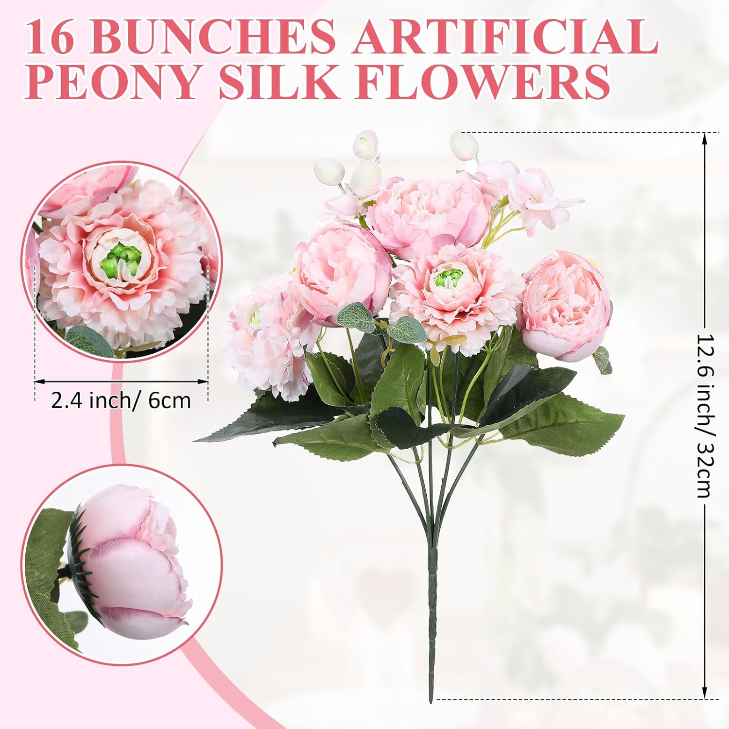 16 Bundles Artificial Peony Silk Flower Hydrangea Fake Peony Bouquet Elegant Faux Flowers With Stems For Wedding Table Centerpiece Party Home Diy Decoration(Light Pink)