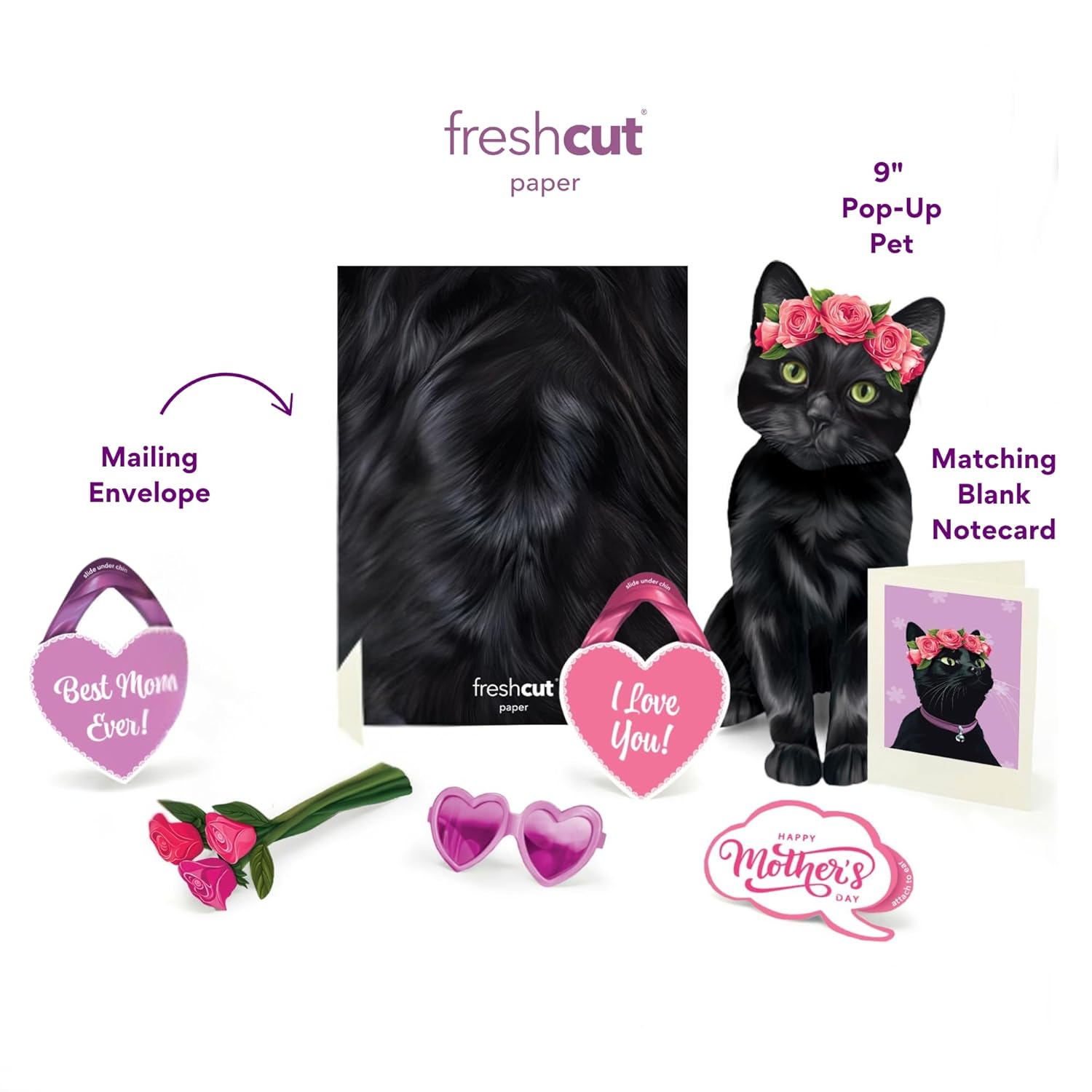 Pop Up Pet Cards, Black Cat, Gifts For Cat Lovers, Gifts For Mom With Mother'S Day Accessory Sheet, Notecard & Envelope, 3D Popup Greeting Card, Mother'S Day Cards
