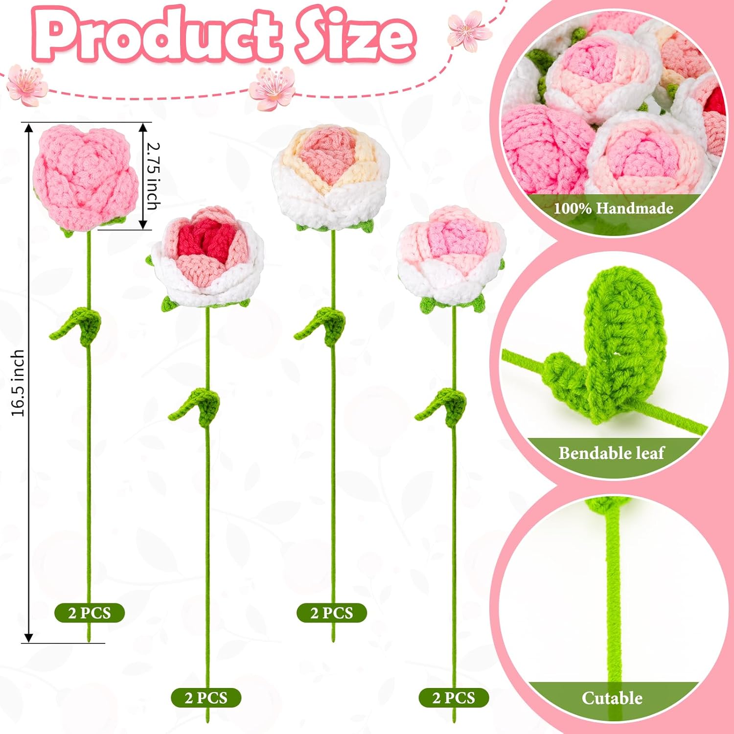 Pink Rose Crochet Flowers, 8 Pcs Fake Rose Artificial Flower Handmade Knitted Rose Bouquet With 9 Pcs Bouquet Sleeves And A Rose Greeting Card For Mothers Day/Birthday/Anniversary Home Decor