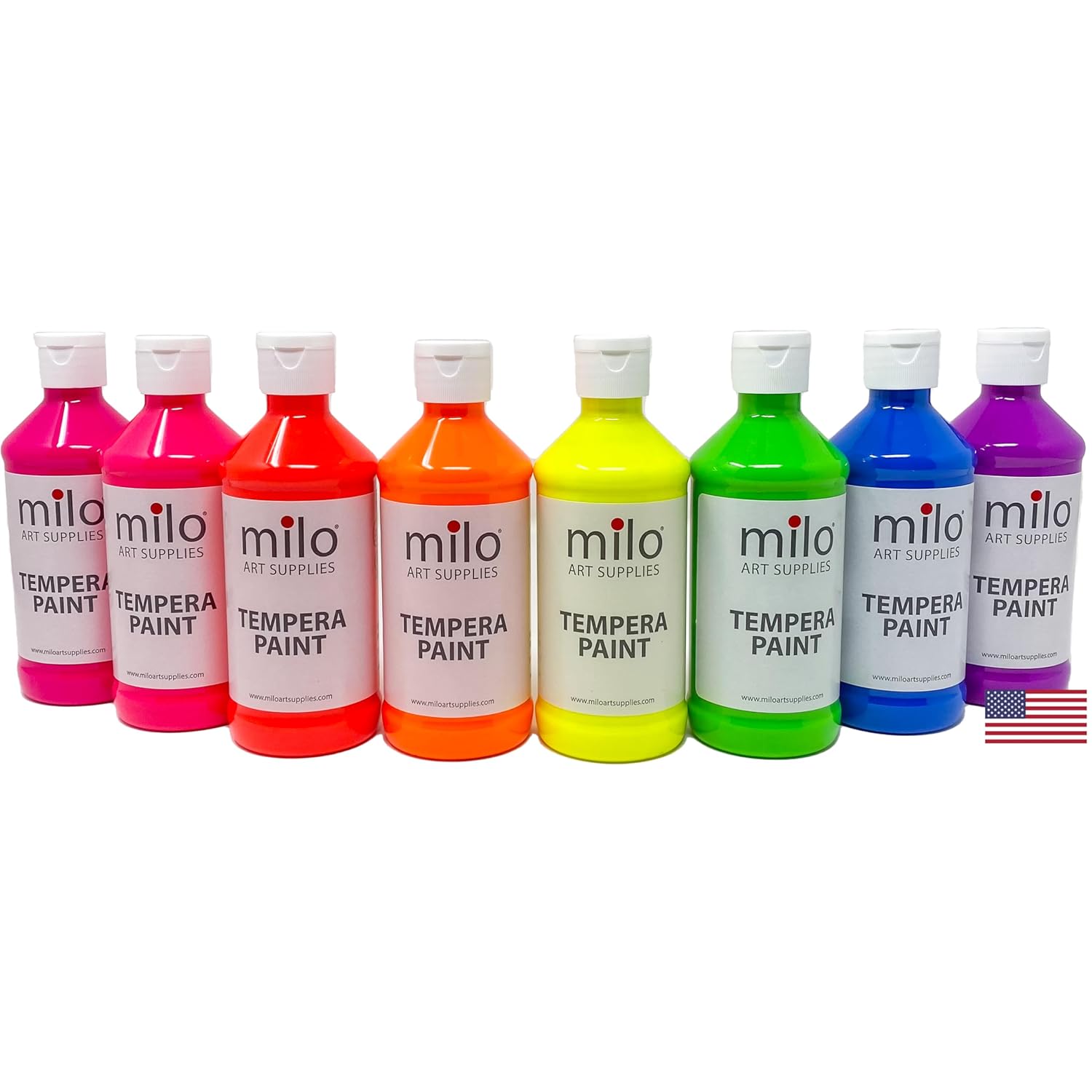 milo Fluorescent Neon Washable Paint | 8 oz Bottles 8 Colors | Made in the USA | Glows UV in Black Light | Safe & Non-Toxic Tempera Paint for Art & Craft, Poster, Window, Classroom, School