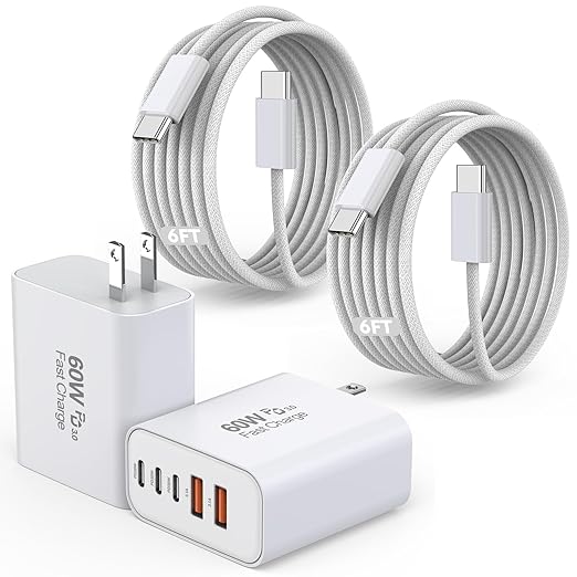 2 Pack 60W 5 Port USB Fast Charger Block with 6FT USB C Cable for iPhone 17 16 15 iPad Pro Air Mini