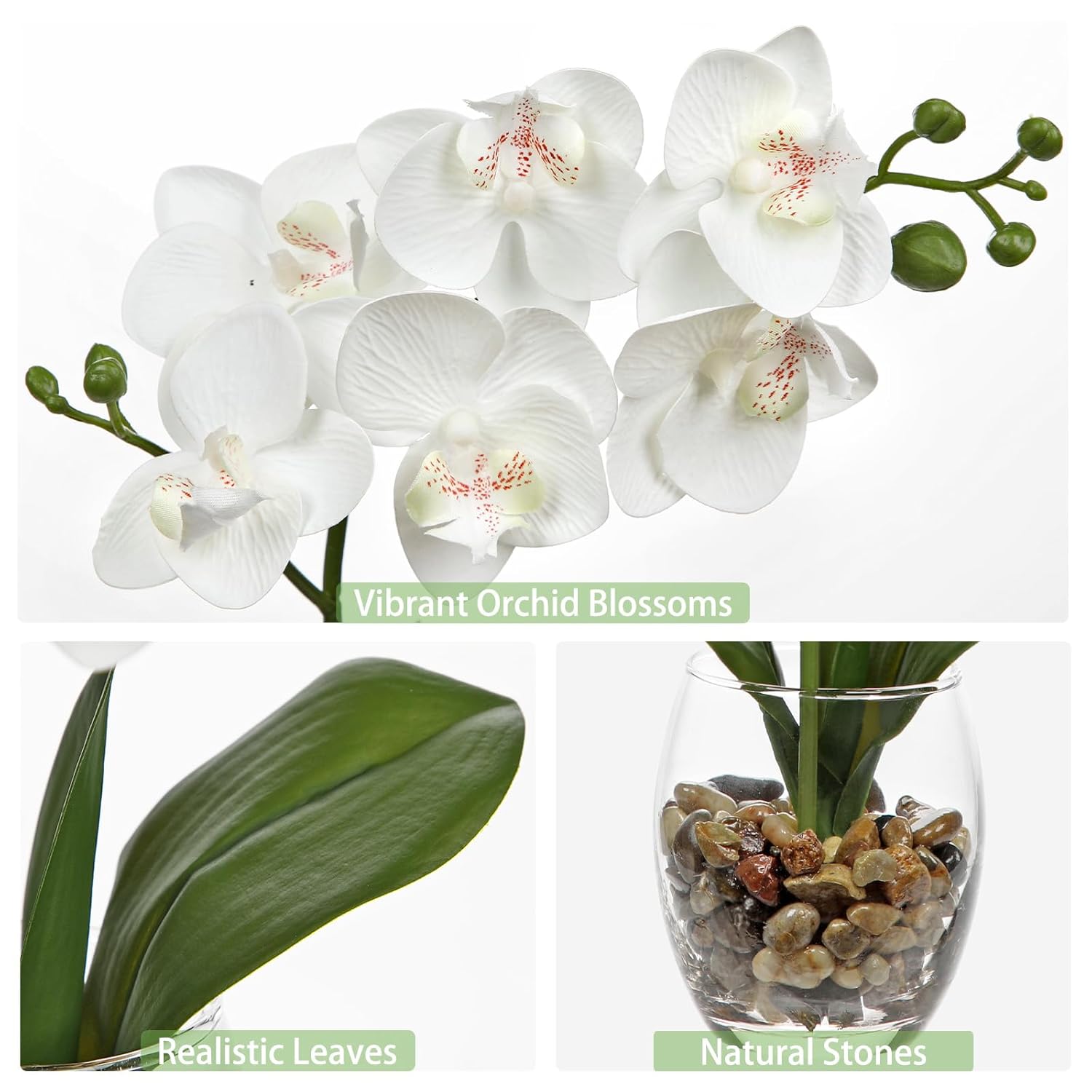 White Orchids Artificial Flowers With Vase, Small Faux Orchid Arrangement Set Of 2 Fake Flowers In Glass Vases Small White Centerpieces For Kitchen Dining Room Tables Bathroom Nightstand Shelf Decor