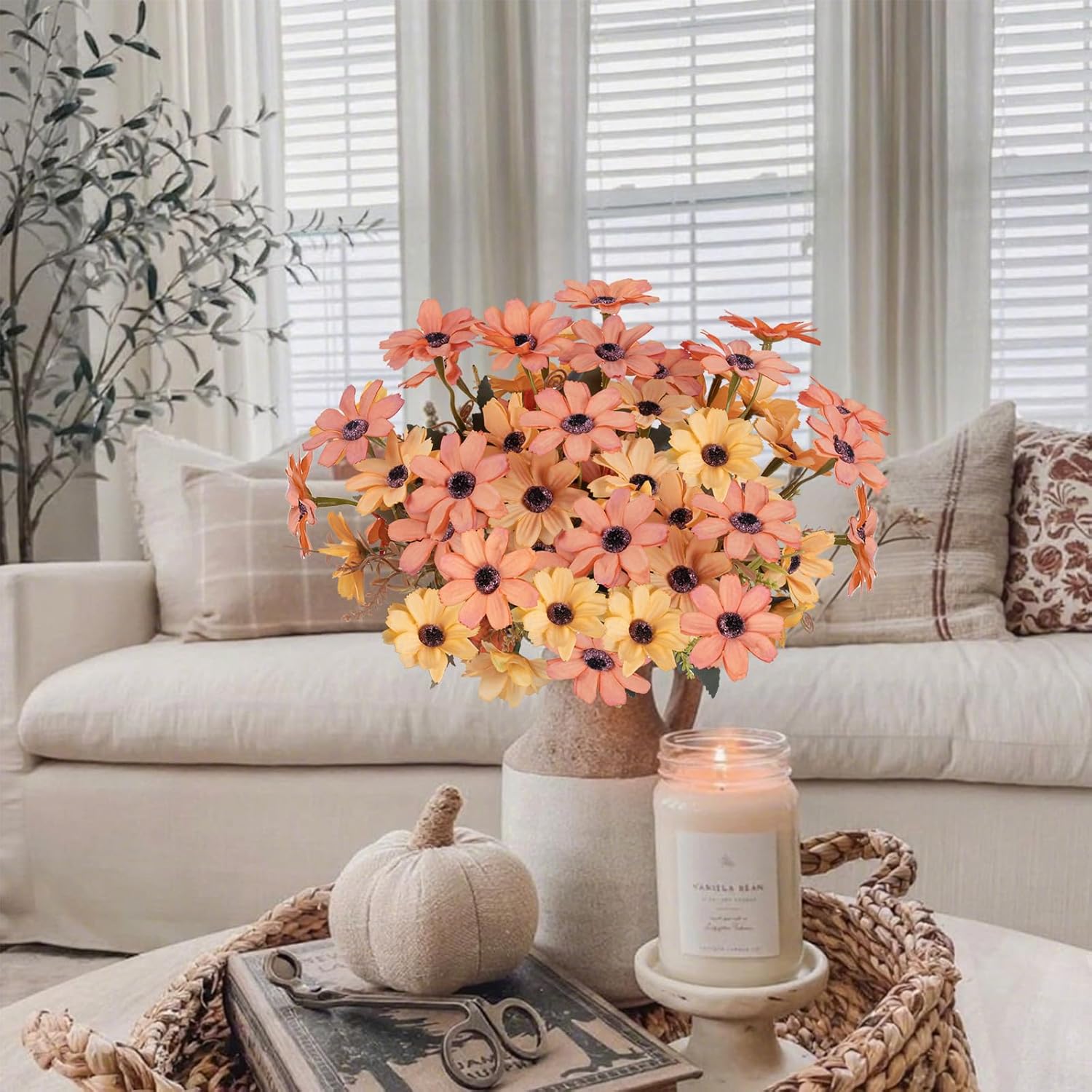 Artificial Fall Flowers Bouquet 4 Pcs Silk Autumn Flowers Faux Fall Flower Arrangements Fake Daisy For Farmhouse Home Kitchen Table Centerpieces Wedding Grave Cemetery Decor (12.89")