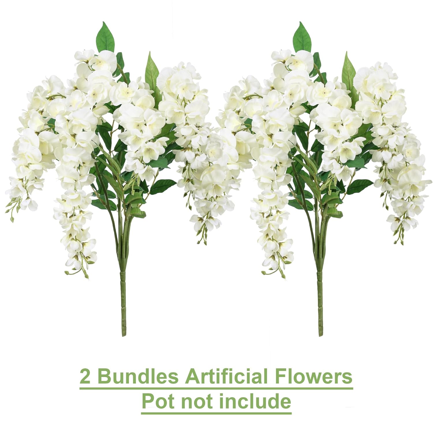 Fake Flowers Indoor Plants, 2Pcs Greenish White Hanging Wisteria Decoration, Light Cream White Uv & Fading Resistant, Room Decor For Kitchen Living Room Bathroom Centerpiece Table