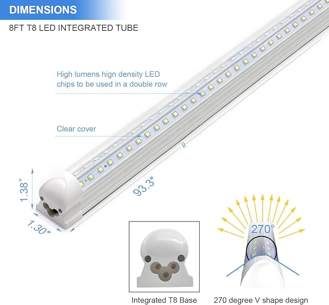 10 Pack 8FT LED Shop Light Fixtures 90W 12000LM 6500K V Shape Linkable Garage Lights