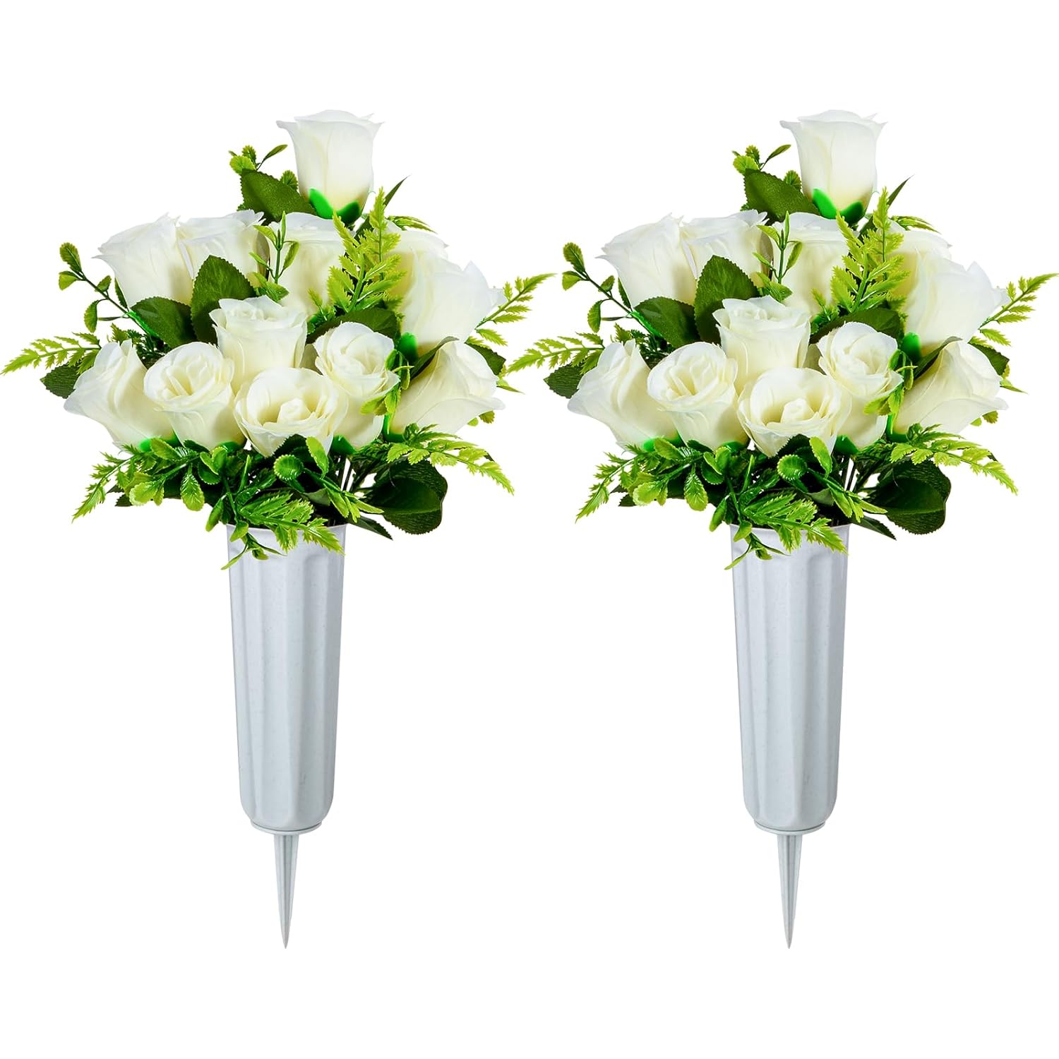 Artificial Cemetery Flowers, Set Of 2 Artificial Rose Bouquet Grave Memorial Flowers With Vase For Cemetery Headstones Decoration (White)