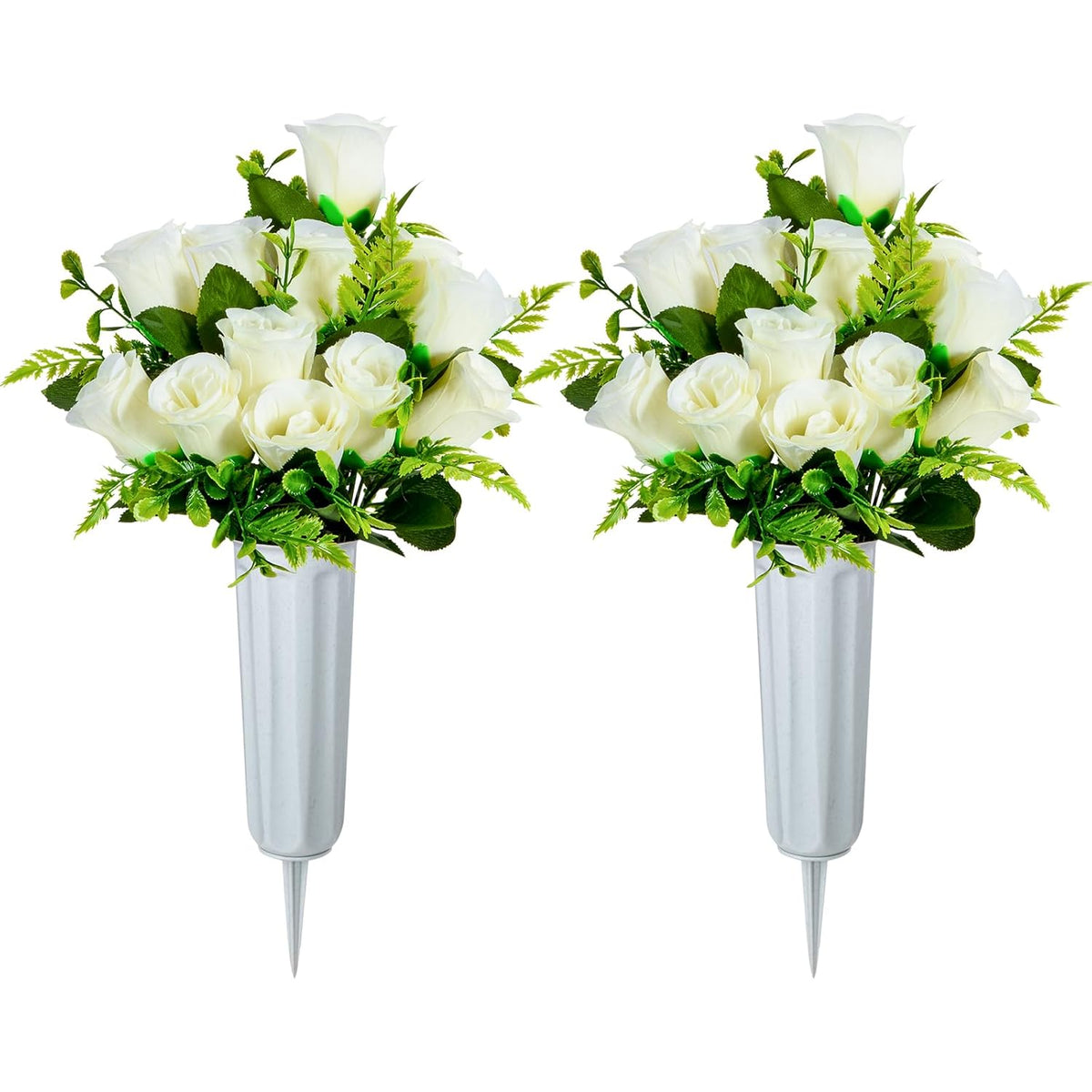 Artificial Cemetery Flowers, Set Of 2 Artificial Rose Bouquet Grave Memorial Flowers With Vase For Cemetery Headstones Decoration (White)
