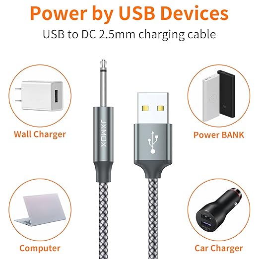 2 Pack 3FT USB to DC 2.5mm Charging Cable Replacement Power Cord Grey