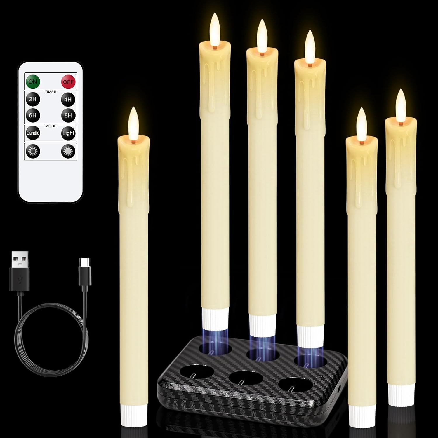 Rechargeable Flameless Taper Candles With Charging Station & Remote Timer, 6 Pcs Real Wax Led Taper Candles, Battery Operated Candlesticks For Home Wedding Christmas Decorations (Ivory)