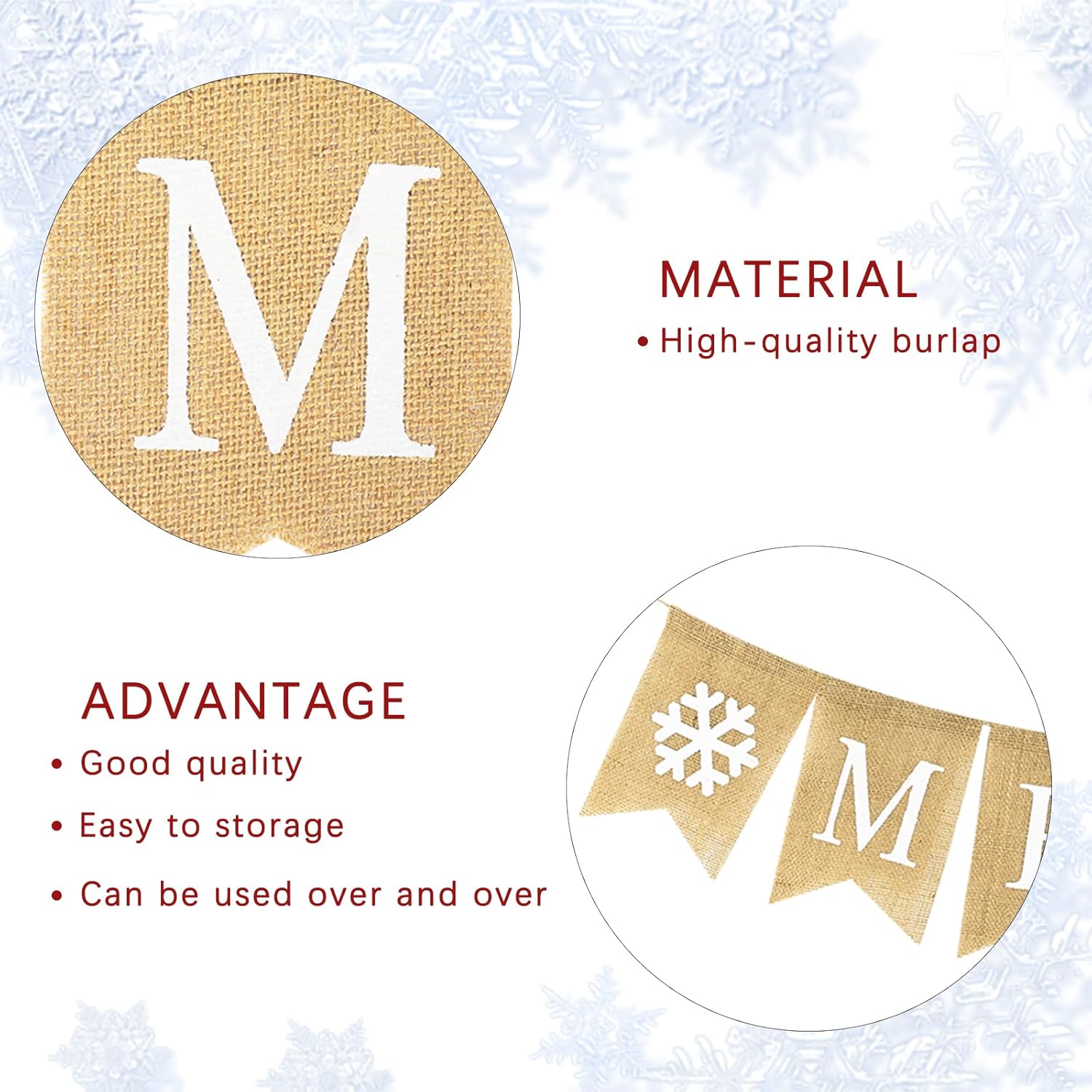 Merry Christmas Burlap Banner Christmas Snowflake Pre-Assembled Bunting Garland Xmas Tree Decor For Fireplace Wall Indoor Outdoor Xmas Party Decoration Photo Prop