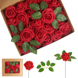 Artificial Rose Flowers, 50 Pcs Foam Red Roses Flowers Real Looking Artificial Foam Fake Roses With Stems Decoration Diy For Wedding Bouquets, Arrangements Party Home Decorations (Red, 50Pcs)