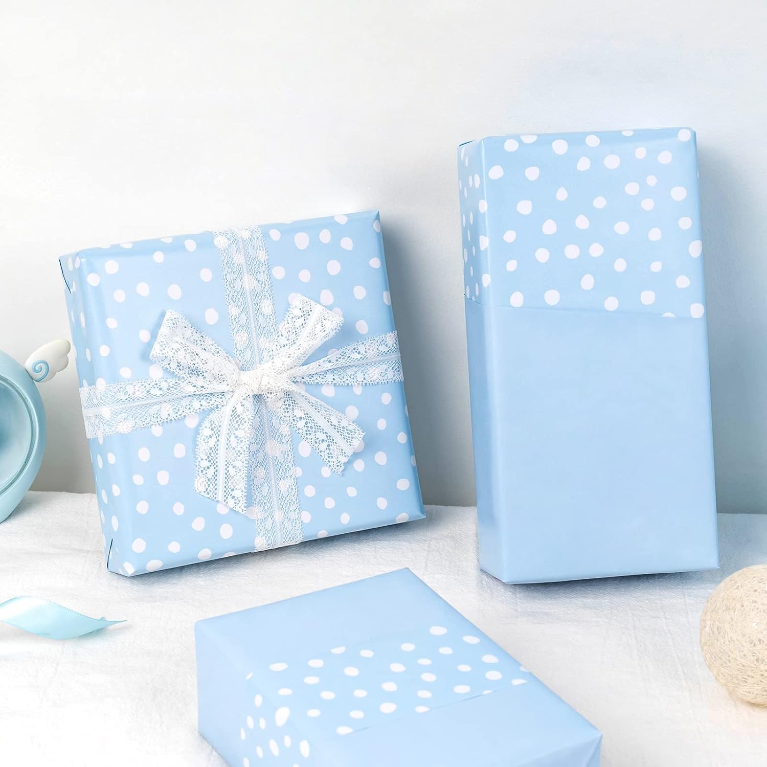 Reversible Wrapping Paper - Mini Roll - 17 Inch X 33 Feet - Light Blue And Delicate Polka Dots Design For Birthday, Holiday, Wedding, Baby Shower