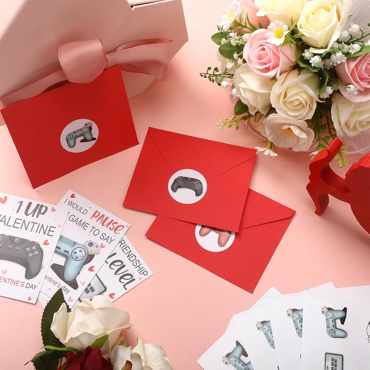 180 Pcs Valentine'S Day Cards With 60 Video Game Valentines Cards 60 Red Envelopes 60 Game Stickers For Valentines Exchange Gifts Party Favors