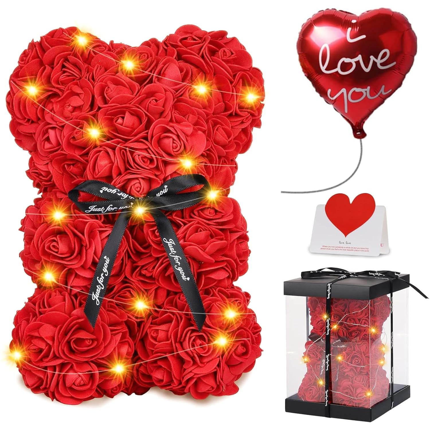 Rose Bear Valentines Day Flower Gifts For Her, Rose Teddy Bear With Lights, Cute Teddy Flower For Girl, Romantic Present For Women Wife Girlfriend Mom Grandma With Transparent Gift Box And Love Card