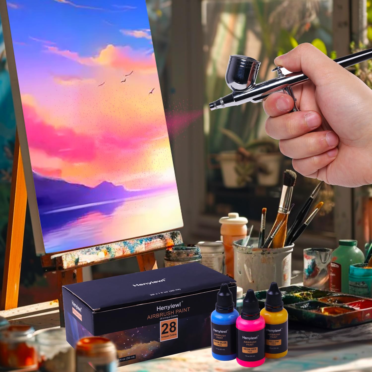Airbrush Paint, 28 Colors Airbrush Paint Set (30 Ml/1 Oz), Opaque & Water-Based Acrylic Air Brush Paint Kit Includes Metallic And Neon Colors, Premium Airbrush Paints For Artists, Beginners,