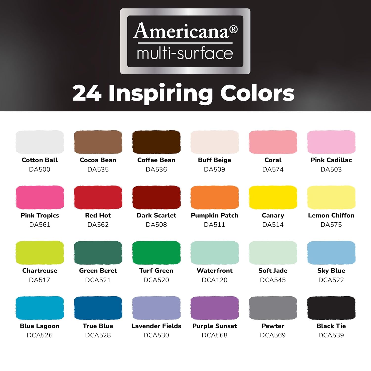 DecoArt Americana Multi-Surface Satin Acrylic Paint Set – 24 Popular Colors (2 fl oz) – Multi Surface Acrylic Paints for Wood, Glass, Metal, and more