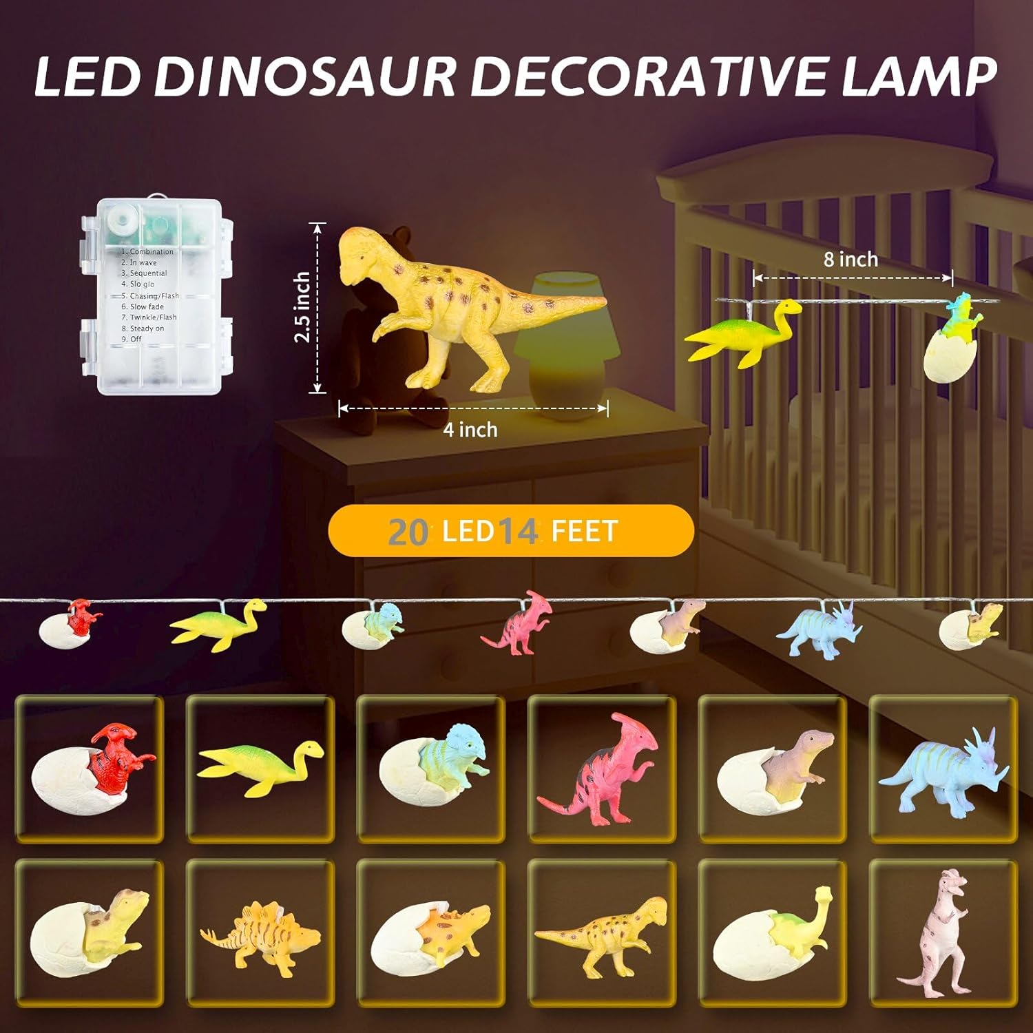 14Ft 20 Led Dinosaur String Lights Room Decor For Kids Dinosaur Battery Operated String Lights Dinosaur Room Decor For B