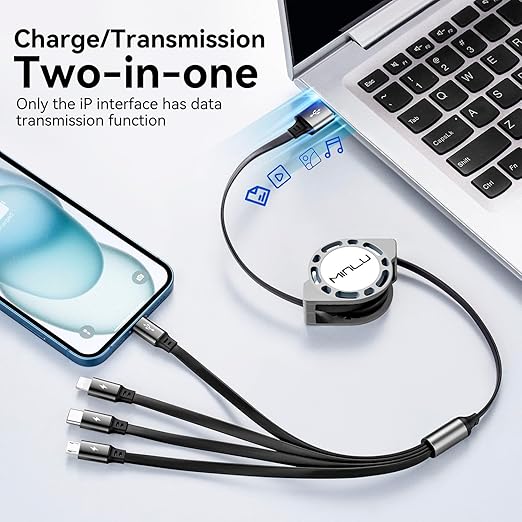 2 Pack Retractable 4 in 1 Multi Charging Cable 4FT 4A Fast Charger Cord for iPhone Samsung iPad PS Tablets