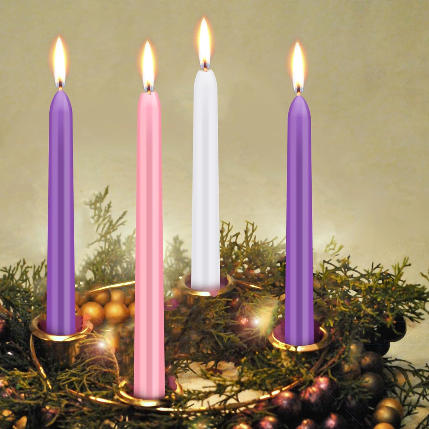 30 Pcs Christmas Advent Candles Taper Candle Light Christmas Advent Wreath Candle Holder Purple Pink White Candles For Christmas Holidays Churches Celebration Party Home Decor