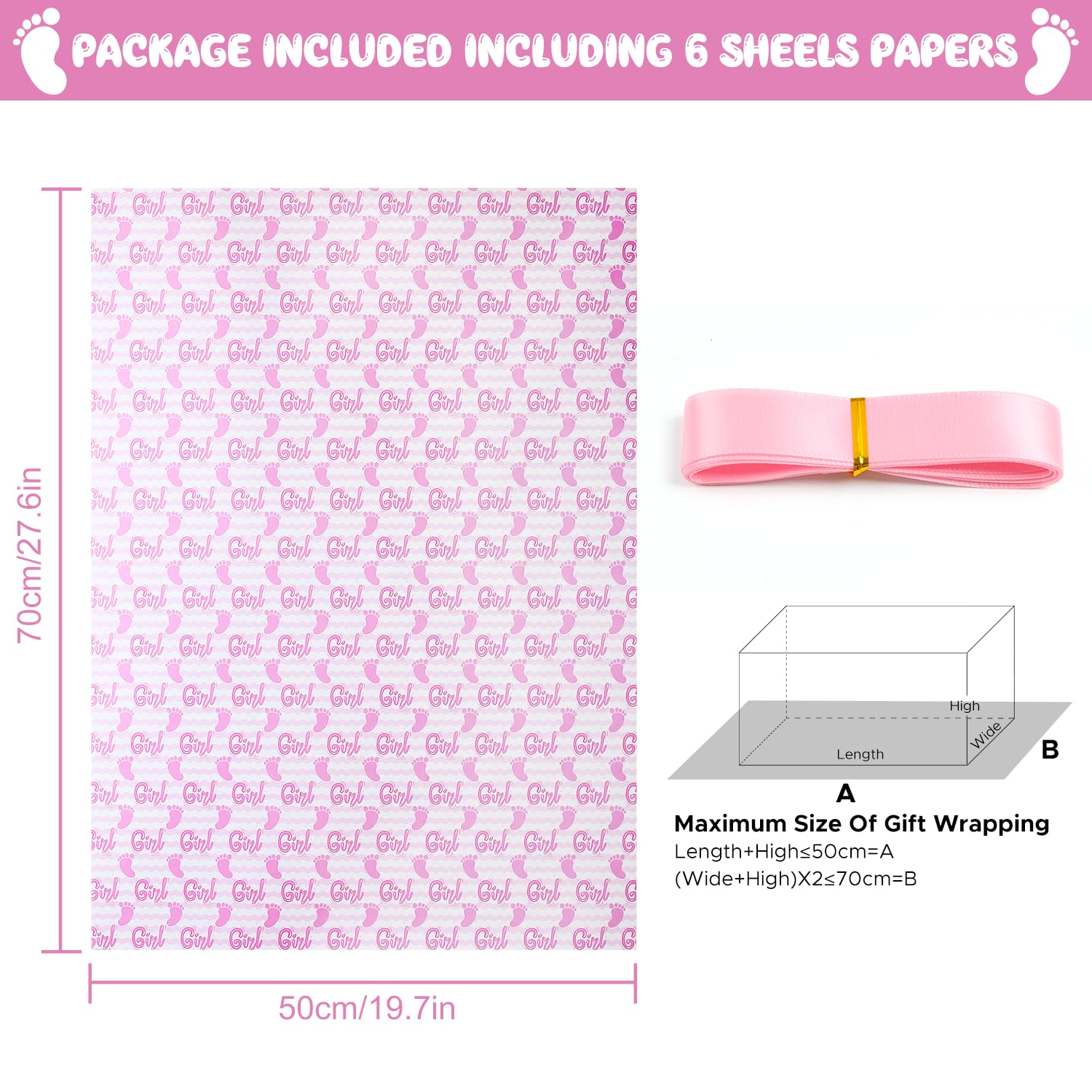 Baby Wrapping Paper - It'S A Girl Feet Pink & White Stripes - 20 X 28 Inches For Girl Birthday Present, Baby Shower, Gender Reveal Theme