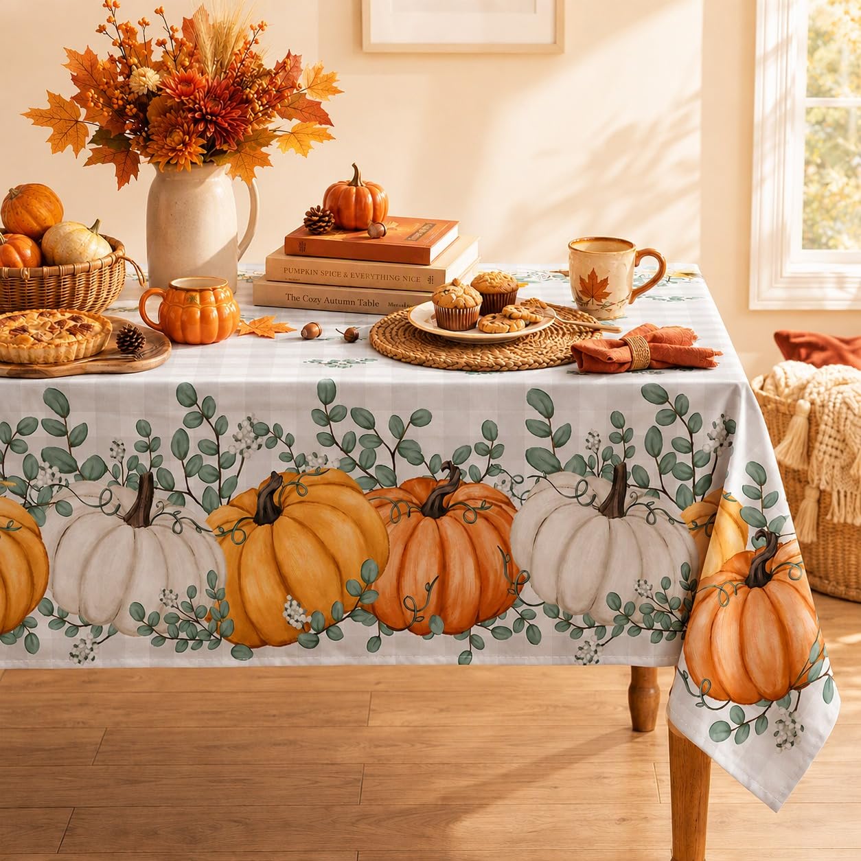 Fall Tablecloth 60x84 Inch Rectangular, Thanksgiving Autumn Harvest Orange Pumpkin Buffalo Plaid Table Cover for Party Picnic Dinner Decor