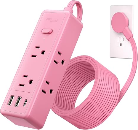 Pink Extension Cord 10 ft Surge Protector Power Strip with 6 Outlets and USB C Ports for Home Office Dorm Room