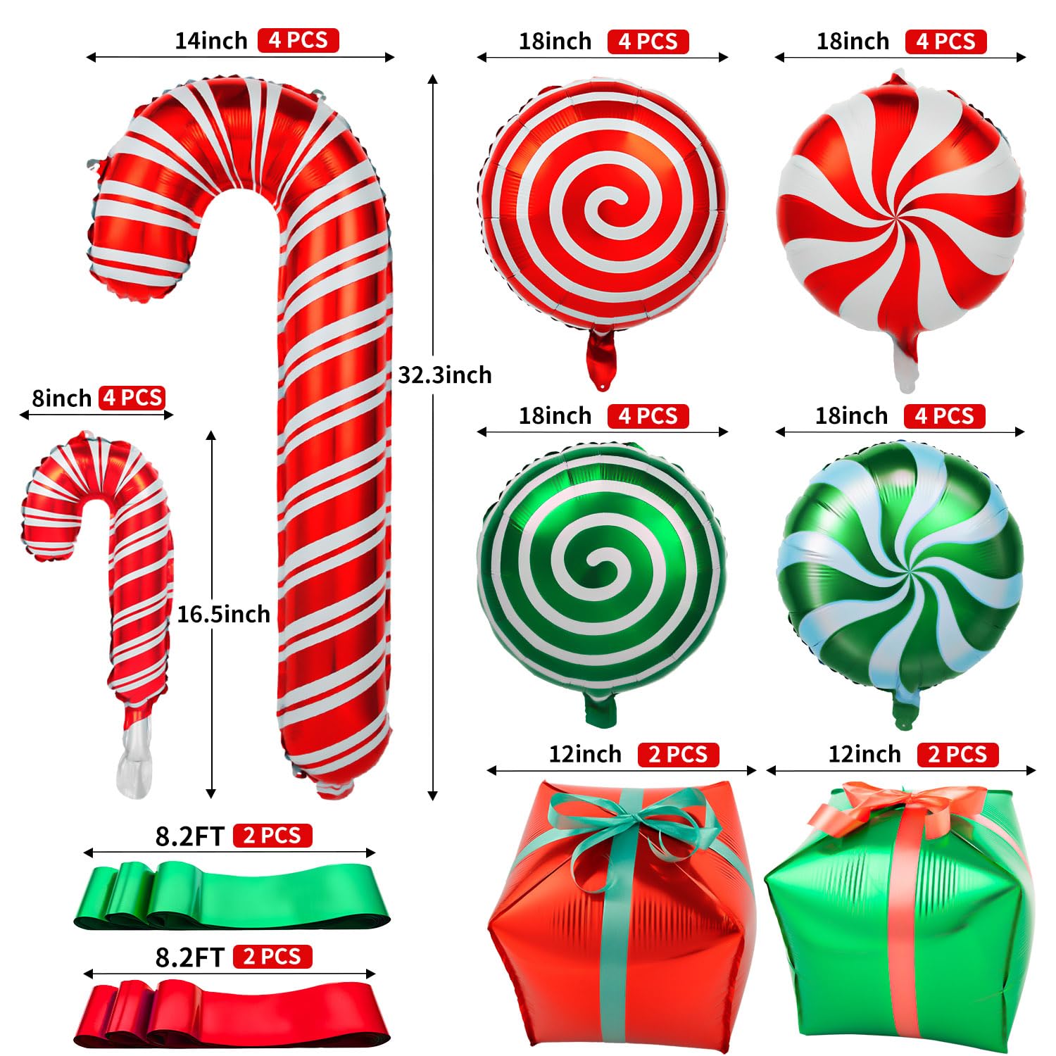 32Pcs Christmas Balloons Kit, Candy Cane Foil Balloons With Ribbons, Red Green Mylar Balloon For Party Decorations