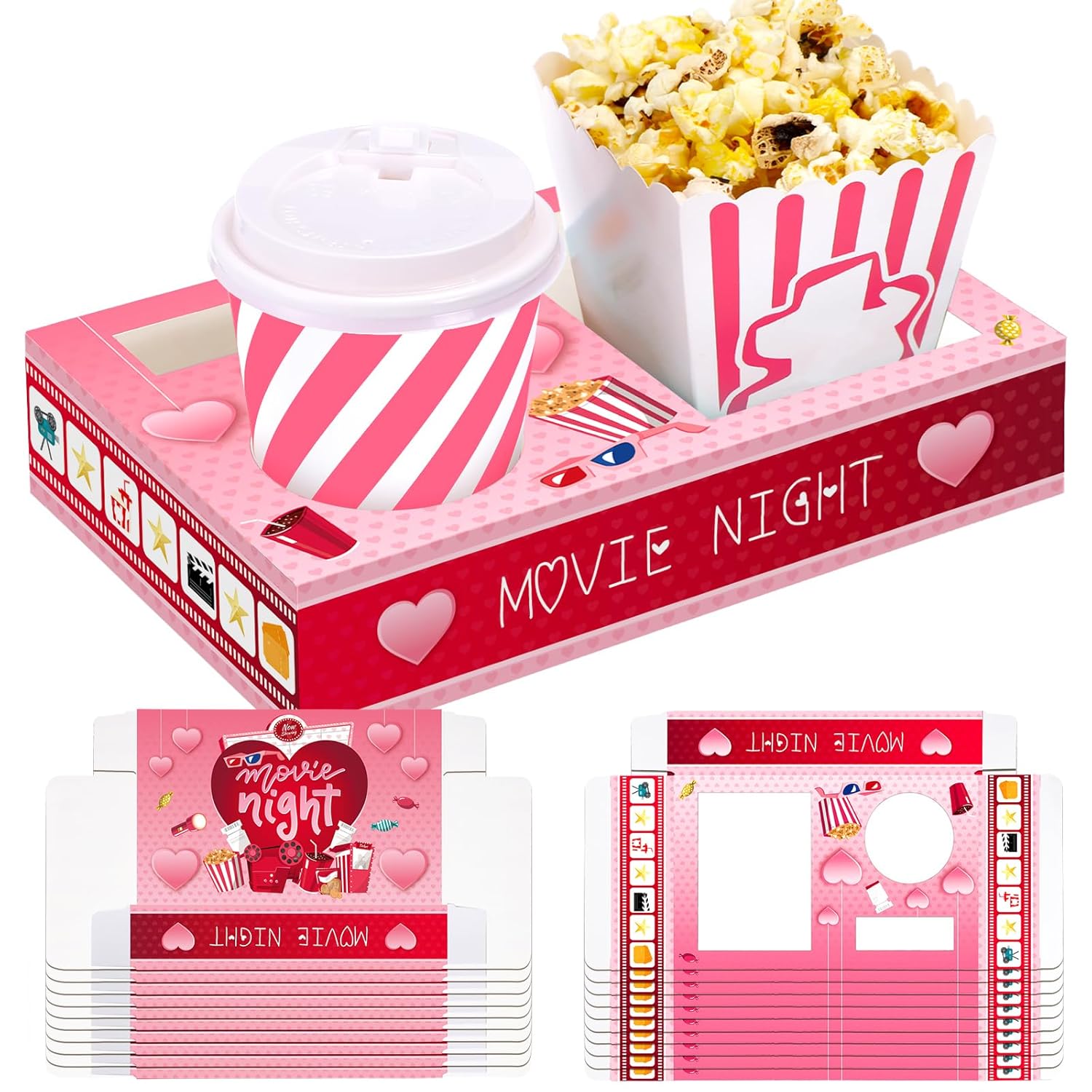 20 Pcs Valentine'S Day Movie Night Supplies Galentines Movie Night Paper Snack Trays Popcorn Candy Holder Snack Boxes Cardboard Food Holder Trays