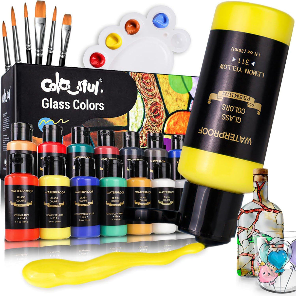 Stain Glass Paint Set With 6 Brushes, 1 Palette & 1 Sponge, 14 Colors Waterproof Permanent Glass Painting Kit For Arts On Wine Glasses,Bottle And Windows