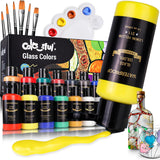 Stain Glass Paint Set With 6 Brushes, 1 Palette & 1 Sponge, 14 Colors Waterproof Permanent Glass Painting Kit For Arts On Wine Glasses,Bottle And Windows
