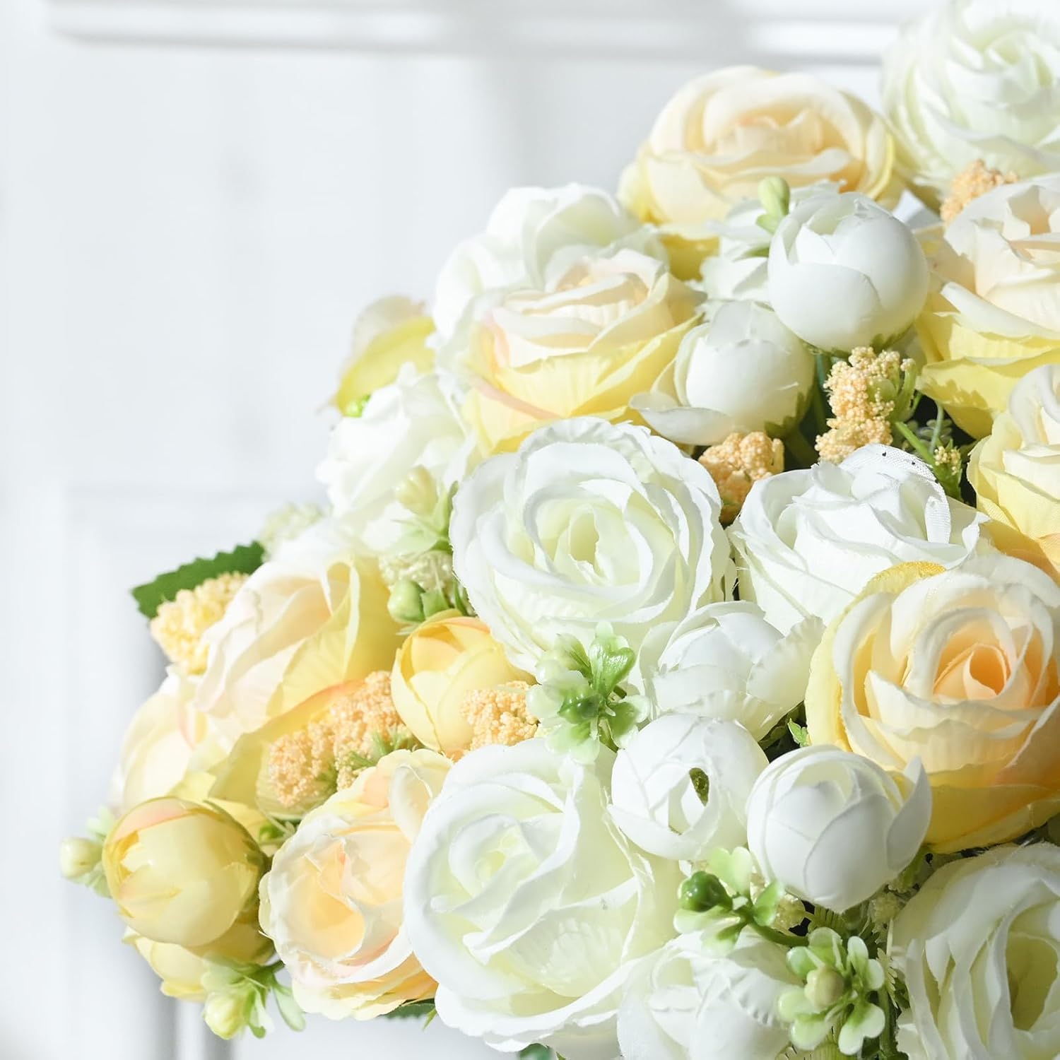 Fake Roses Artificial Flowers, 6 Pack Rose Fake Flowers For Decoration, Real Touch Yellow White Mixed Roses Bouquets Silk Flowers For Vase Centerpiece Table Wedding Party Bridal Diy Decor