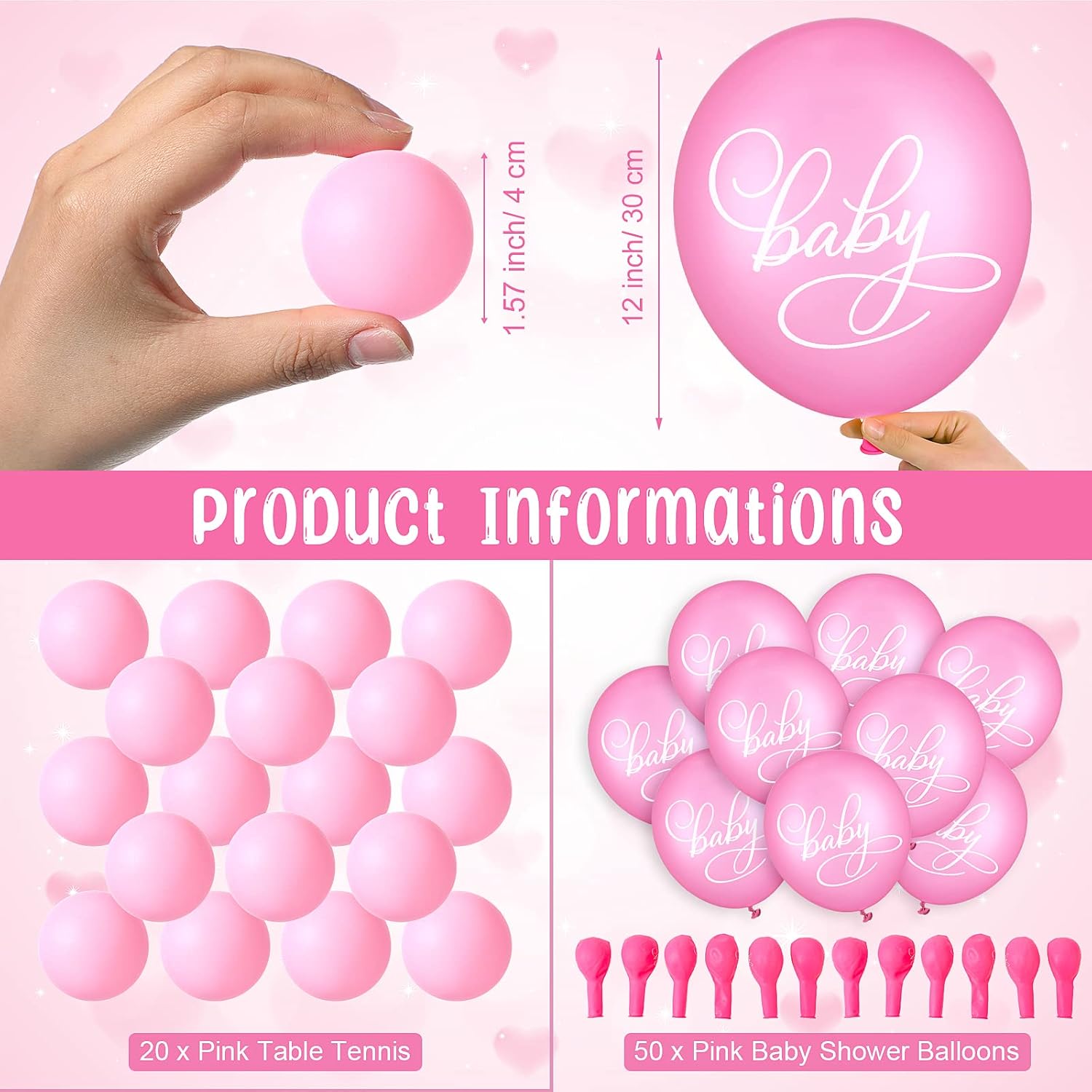 71 Baby Shower Game Sign Wooden Baby Shower Tinkle In The Pot Game Sign Gender Reveal Party Favors 20 Table Tennis Balls 50 Balloon Latex Balloon(Pink)
