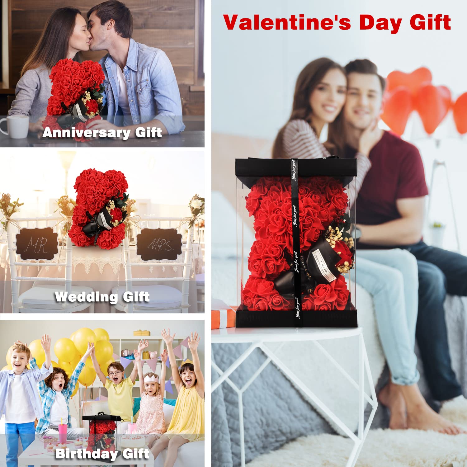 Valentines Day Gifts For Her, Rose Bear Birthday Gift, Rose Teddy Bear Gift For Girlfriend, Flower Bear With Rose Bouquet And I Love You Necklace, For Wife/Mother