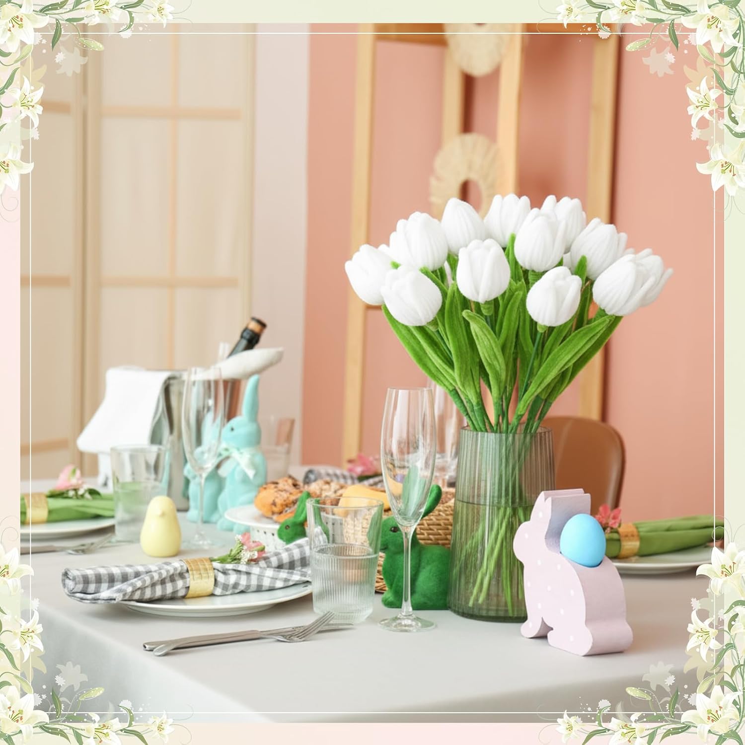 20 Pcs Artificial White Tulip Flowers 13.8" Valentines Bouquet Completed Pipe Cleaners Chenille Knitted Flowers Fake Tulip For Valentines Wedding Mother'S Day Gift Birthday Home Decor