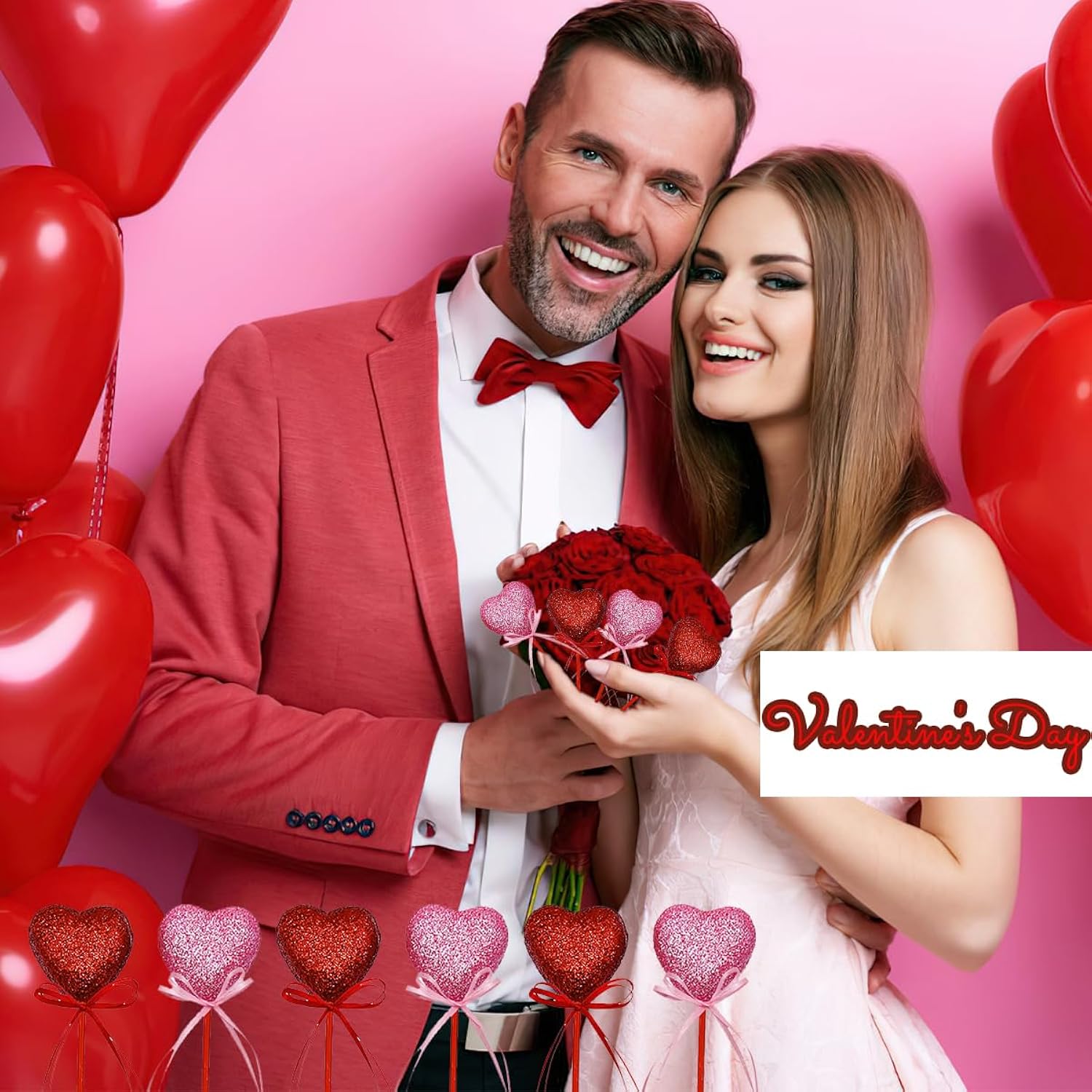 Valentine'S Day Glitter Foam Puffy Heart Picks Love Heart Shaped Artificial Berry Stems Floral Picks For Valentine'S Day Wedding Mother'S Day Birthday Flower Bouquet Vase Decor 6Pcs (Red Pink)