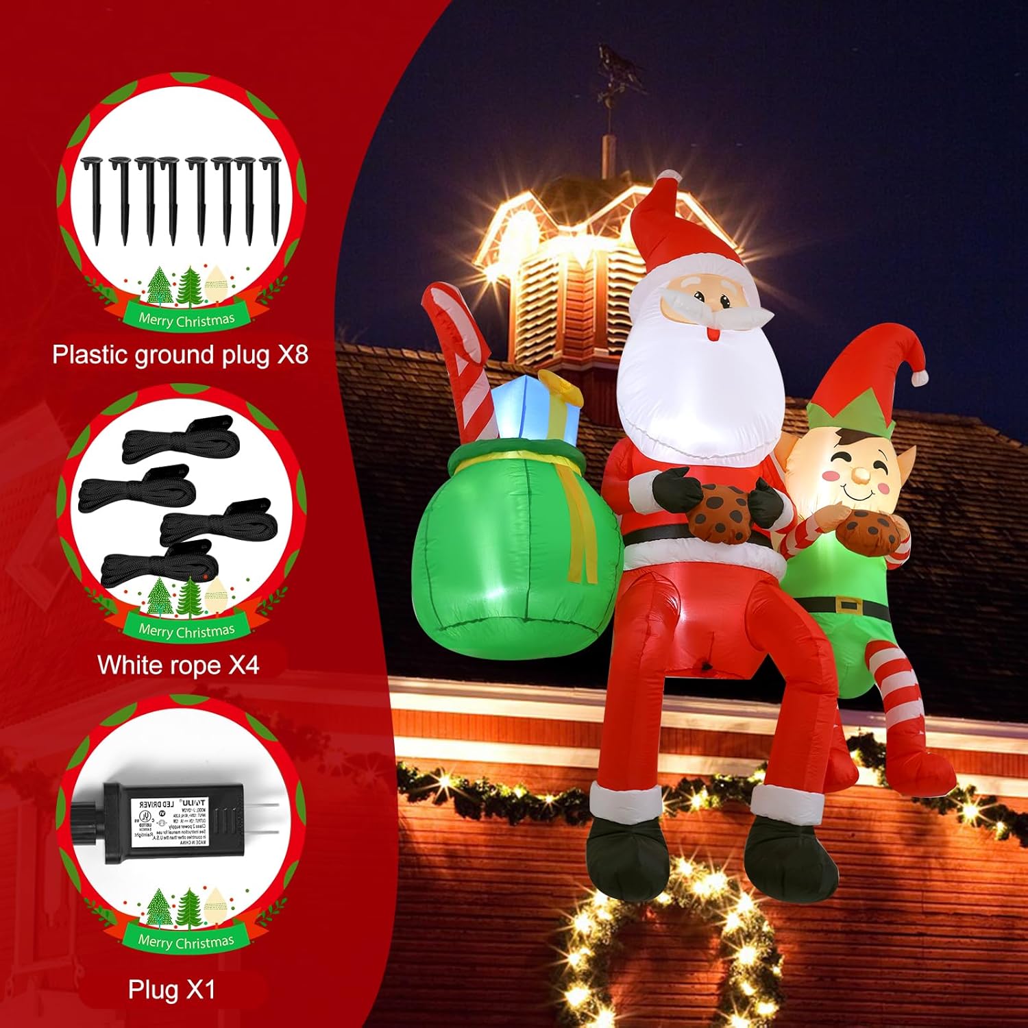 8Ft Santa Claus Sitting On The Roof Christmas Inflatable Decoration With Led Lights, Suitable For Holiday Celebration De
