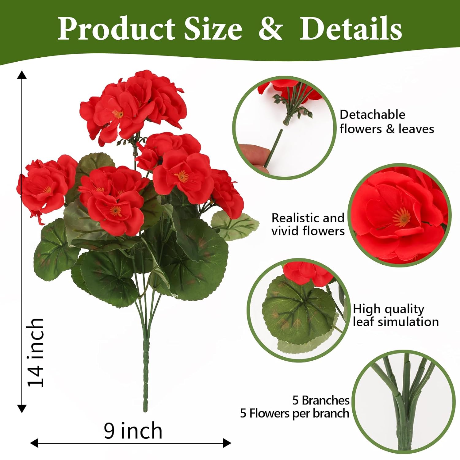 8 Pack Artificial Geranium Flowers For Outdoors Uv Resistant Artificial Flowers Silk Geranium Fake Flowers Faux Flower For Outdoor Planters Garden Plants Window Sill Courtyard Home Decor(Red)
