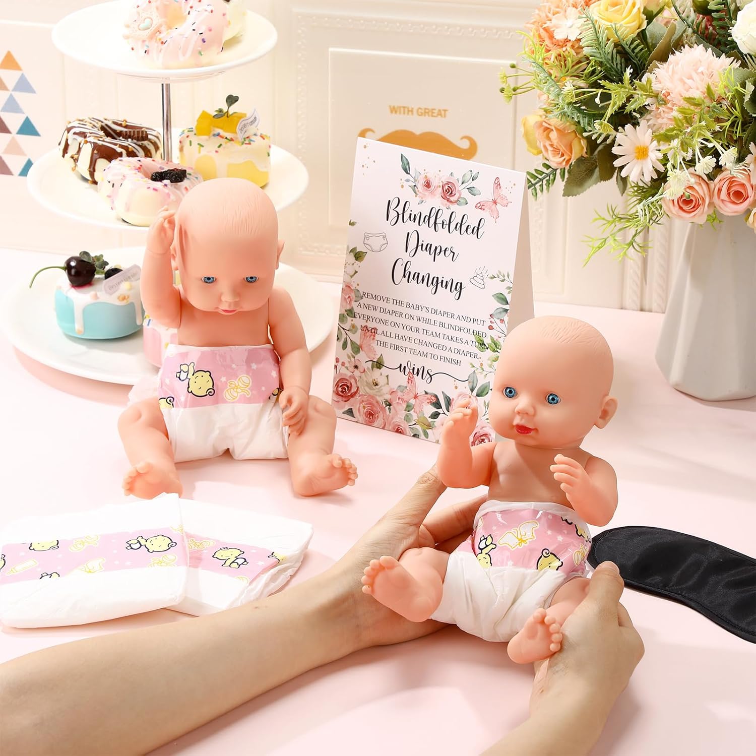 9 Pcs Baby Shower Game Supplies For Blindfold Diaper Changing Baby Dolls With Blindfolds Diapers Baby Changing Diaper Race Game Set For Baby Shower (Pink,Flower)