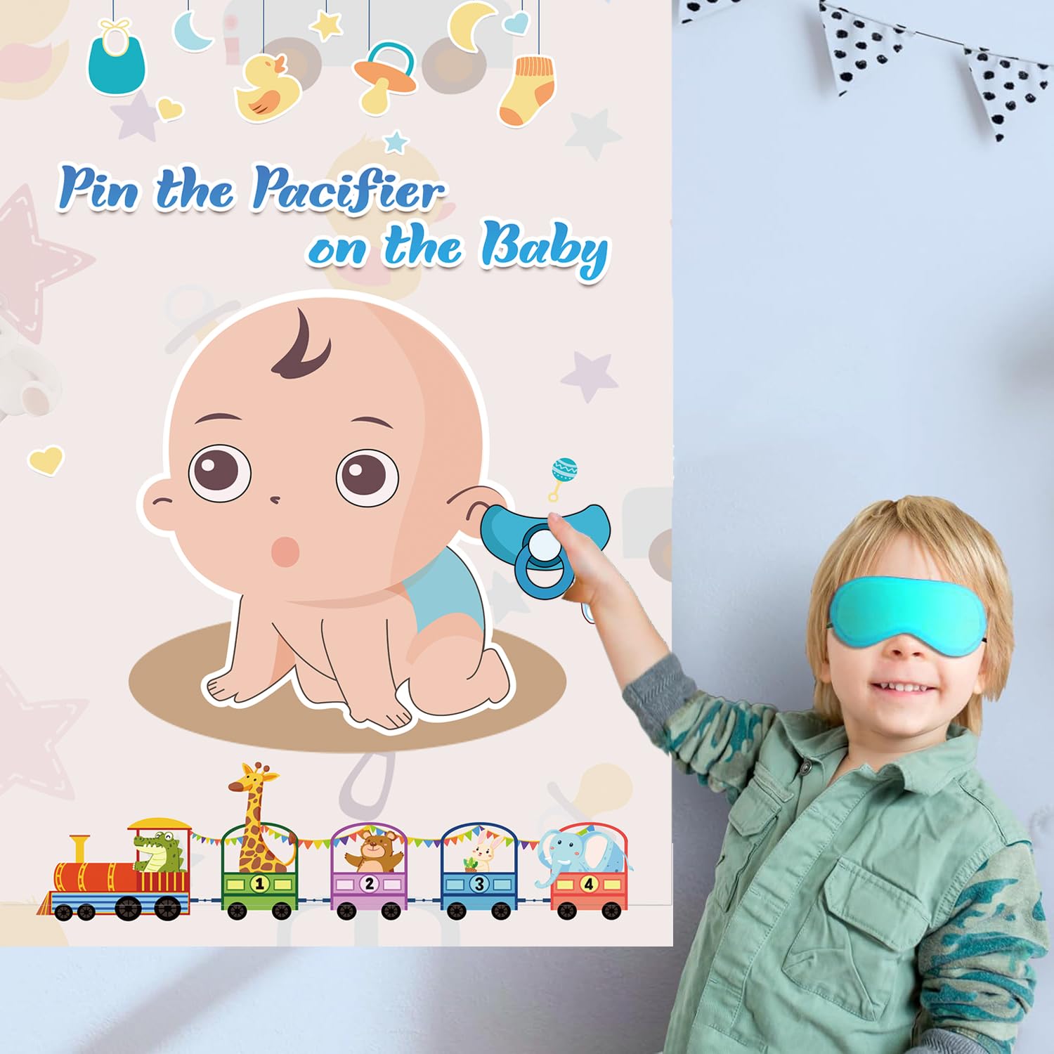 Pin The Pacifier On The Baby Game -Baby Shower Party Games With 21'' X 28'' Poster, Reusable Pacifiers Party Supplies For Kids Birthday Party Favor Sets
