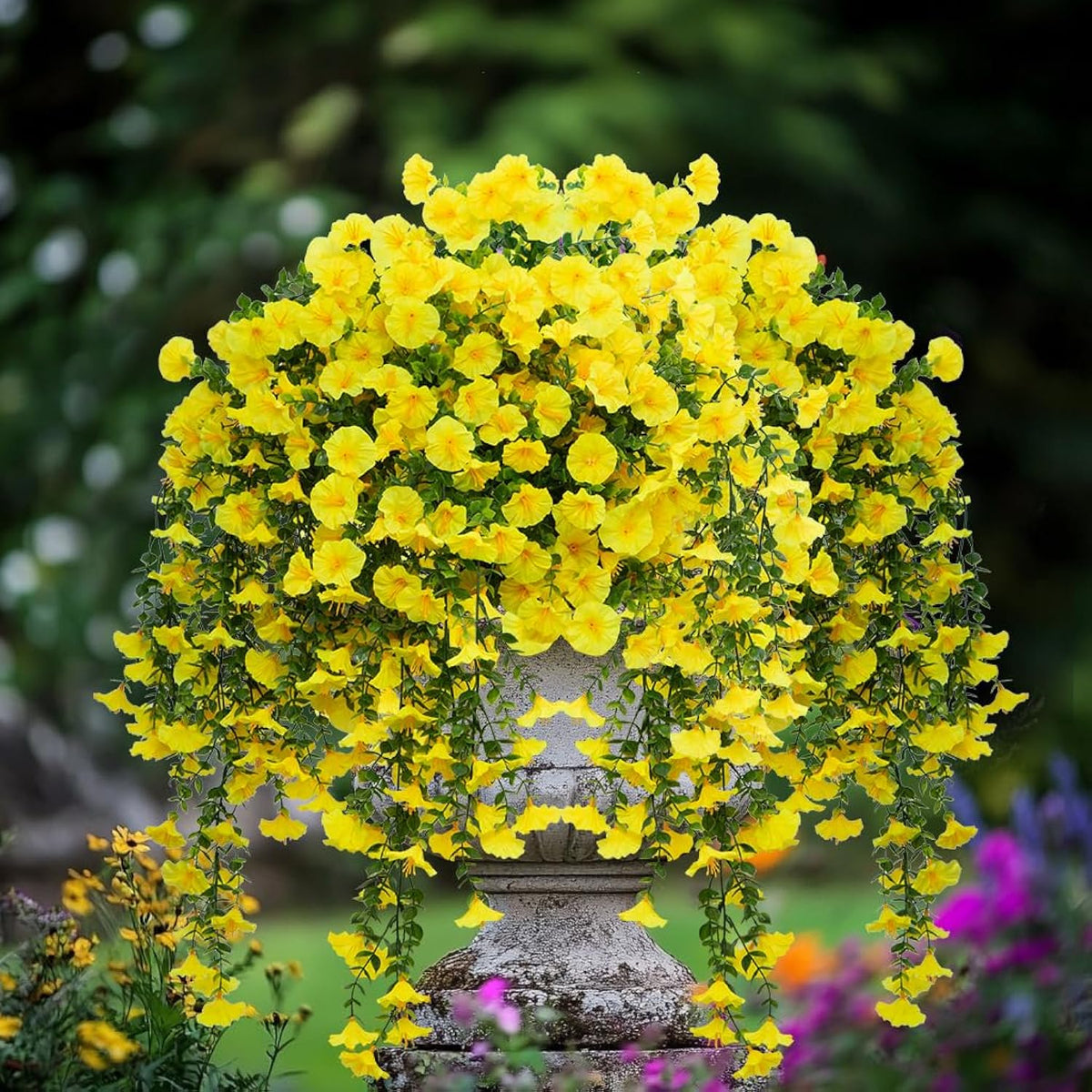 2Pcs Outdoor Faux Hanging Flowers Artificial Morning Glory With Eucalyptus Leaves Uv Resistant Look Real Fake Plants For Outside Planter Porch Patio Balcony Yard Decor(Yellow)