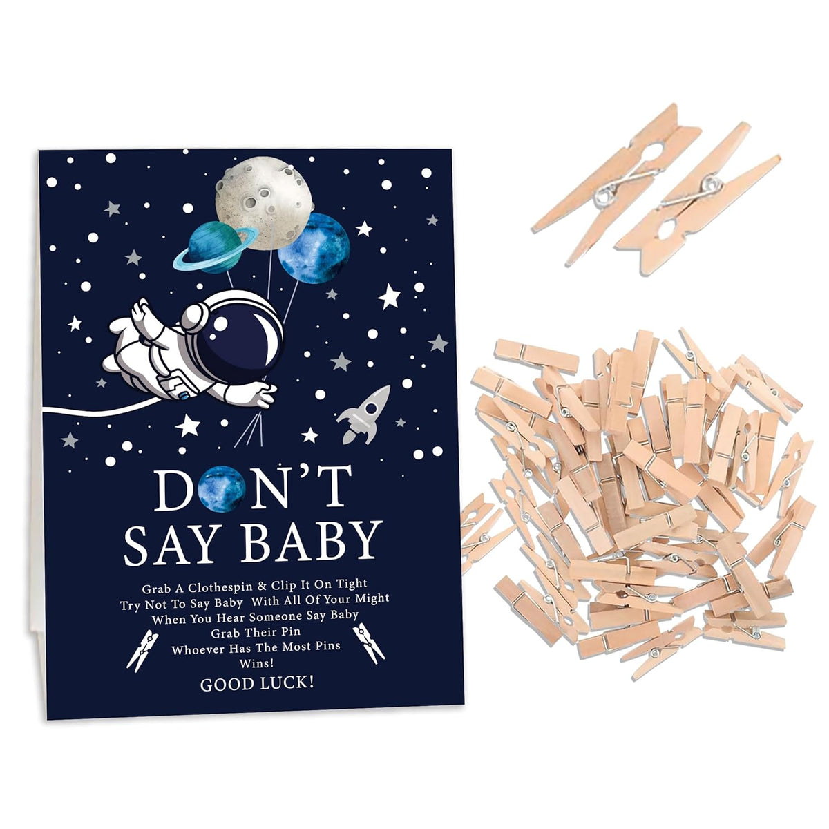 Space Astronaut Baby Shower Games, Don'T Say Baby Game For Baby Shower (One Sign With 50 Mini Clothespins), Boy Blue Planets Moon Theme Baby Shower Decorations, Gender Reveal Game-Dsbb30