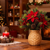 8Pcs Artificial Flowers Bouquet Christmas Floral Poinsettia Pine Cones Red Berry Picks Stems Holly Holiday For Xmas Tree Party Decoration Diy Indoor Table Centerpieces