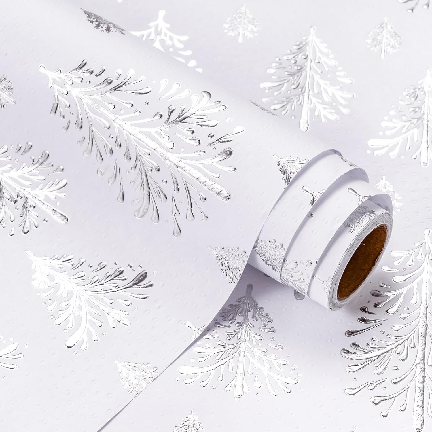 3D Kraft Christmas Wrapping Paper Roll - Mini Roll - 17 Inch X 16.5 Feet - Silver And White Christmas Tree Wrapping Paper With Embossed Perfect For Holiday, Party Celebration