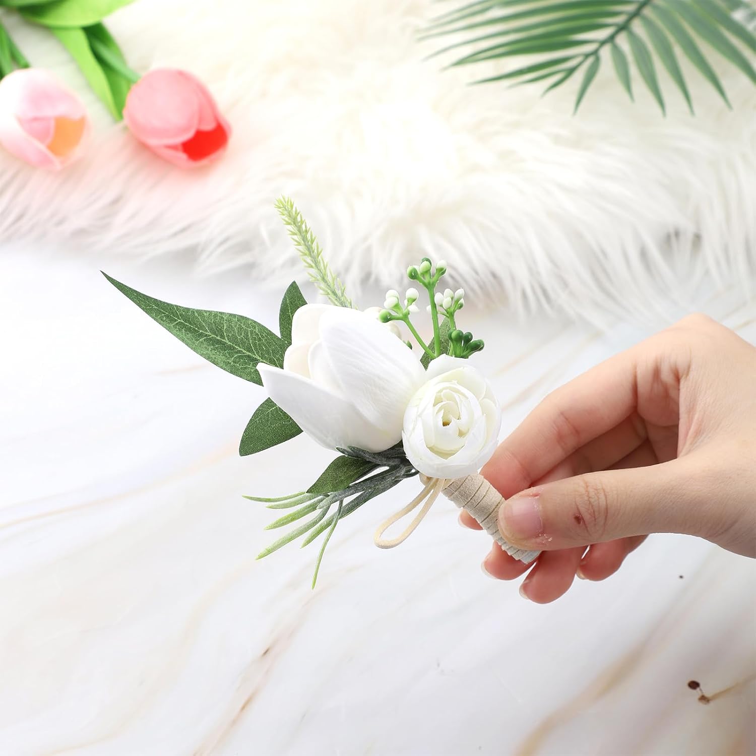Boutonniere For Men White Pocket Wedding Flower Boutonniere Groom Rose Buttonholes Prom Suit Decoration Artificial Tulip Flowers Boutonnieres For Wedding Prom Ceremony Anniversary Formal Dinner Party