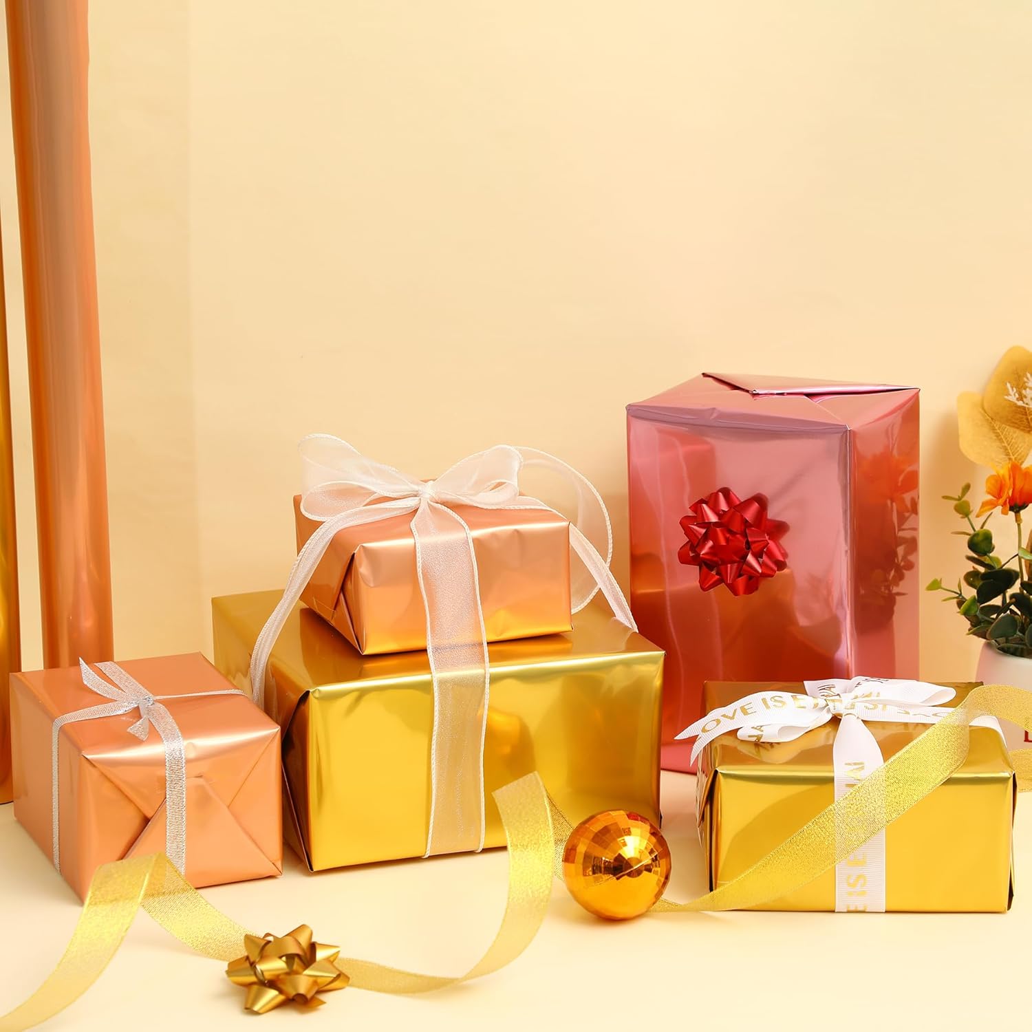 Metal Gold Gift Wrapping Paper Roll, Waterproof Floral Bouquet Wrapping Paper, Valentine'S Day Mother'S Day, Birthday, Christmas Gift Box Packing 22X360 Inches (Gold)