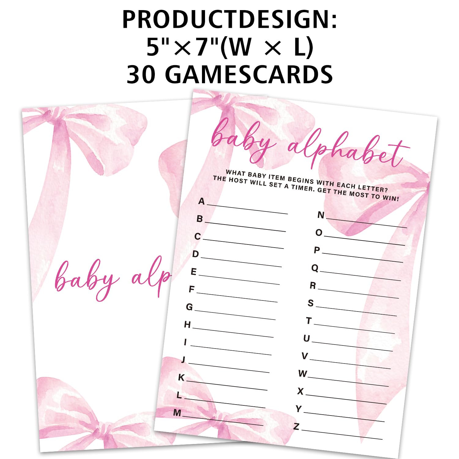 Baby Alphabet Game Cards For Baby Shower Games Activity, 30 Pink Bow Baby Shower Game Cards, Gender Reveal Party Games Supplies & Activities -P05