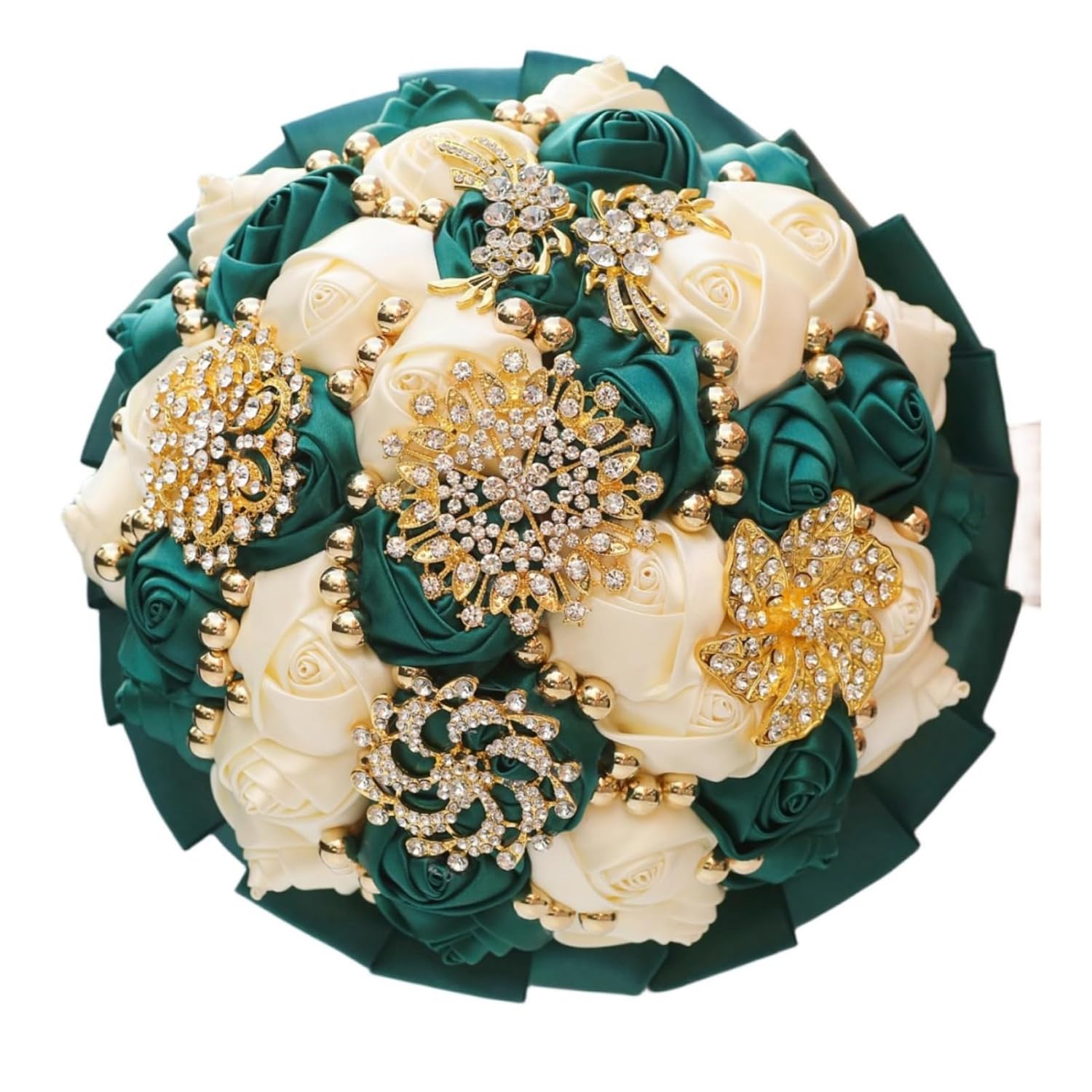 Emerald Green And Ivory Bridal Wedding Bouquet With Gold Brooch Rhinestone Pearl Satin Rose Flower Bouquet For Bride Bridesmaid Quinceanera Wedding Emerald Green And Ivory 7.1In